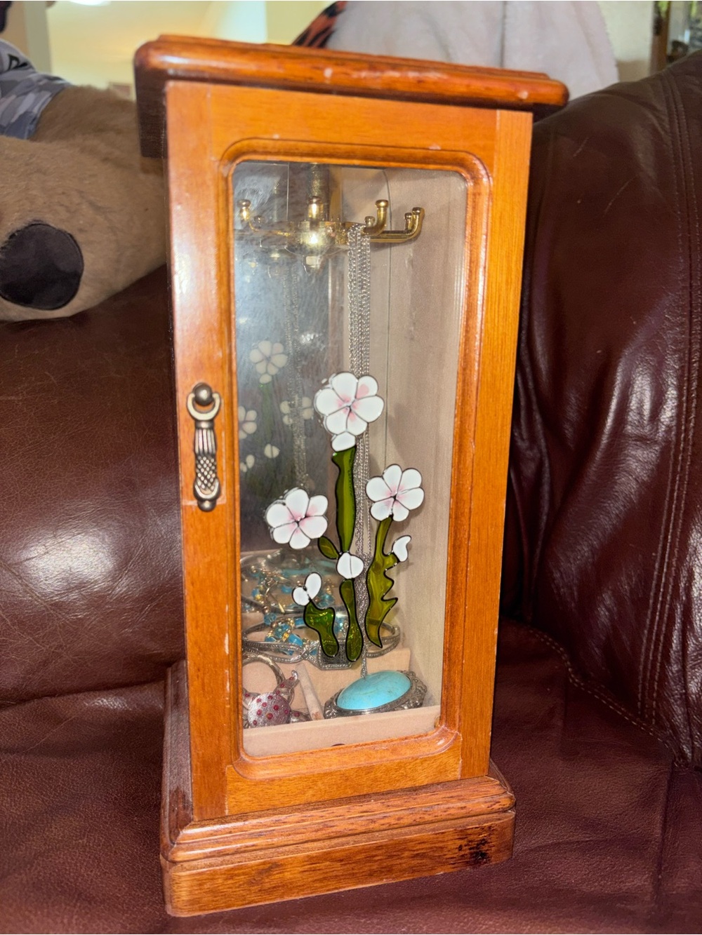 Vintage wooden Floral Glass Jewelry Display Cabinet - Brown
